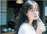 面朝镜头喝水的亚洲美女图片