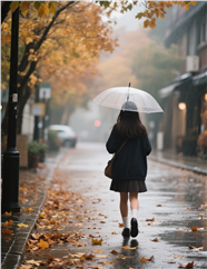 秋天雨后街头美女撑伞背影图片