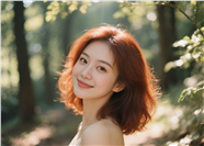 绿色树林红棕色中长发美女摄影图片