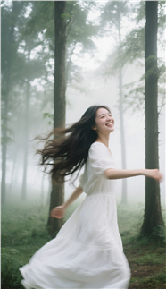 树林雾气朦胧意境少女美女摄影图片
