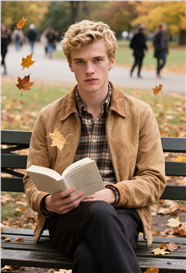 秋天公园长椅上看书的帅哥图片