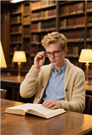 图书馆认真看书的戴眼镜帅哥图片