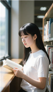 正在图书馆窗边看书的美女图片