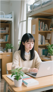 在寝室上网学习的大学生美女图片