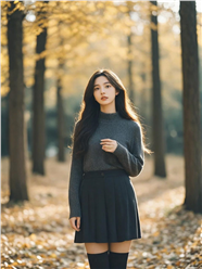 秋天树林黑色百褶裙美女写真图片