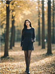 秋天树林黑色丝袜美女写真图片