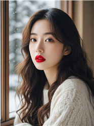 亚洲冬季大红唇美女写真摄影图片