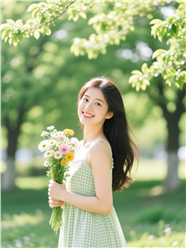 春季唯美清新手捧花美女写真图片