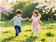 手牵手草地一起玩耍的孩子图片