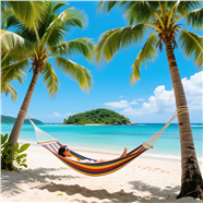 蓝色海岛沙滩吊床度假的女人图片