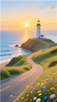 唯美黄昏海滨白色灯塔夕阳图片