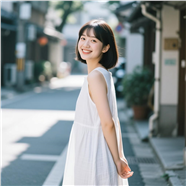 夏日街头白色棉麻连衣裙美女图片