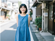 街头蓝色棉麻连衣裙美女写真图片