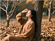 坐在树下闭目养神的美女图片