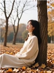 秋季树林浅色系羊毛衫美女写真图片