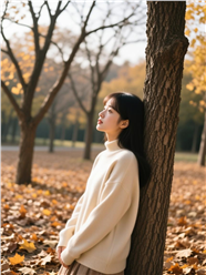 秋天米白色高领毛衫美女倚靠树下图片