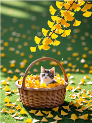 秋天黄色银杏叶小猫咪摄影图片