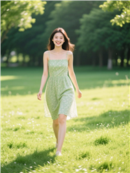 春天绿色草地吊带裙美女写真图片