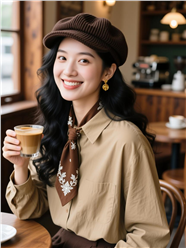 卡其色衬衫戴帽喝咖啡美女图片