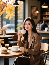 秋日午后咖啡厅喝咖啡美女图片