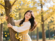 秋天治愈系树林美女写真图片