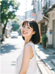 街头白色连衣裙美女短发发型图片