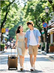 街头手牵手推着行李箱的情侣图片