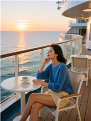 坐在轮船露台看夕阳的美女图片