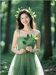 春天林间绿色吊带纱裙美女写真图片