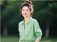 绿色衬衫丸子头美女写真图片