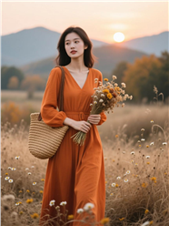 秋季原野橙色连衣裙美女写真图片