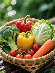 一竹编篮装满新鲜带水珠蔬菜图片