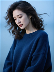 暗蓝色宽松时尚毛衣美女摄影图片