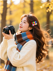 秋季树林手持摄像机的美女图片