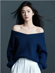 深蓝色宽松针织衫美女写真图片