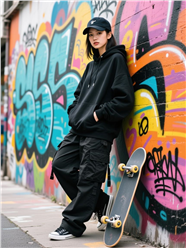 城市街头涂鸦墙滑板美女图片