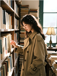 站在书架边上的风衣美女图片