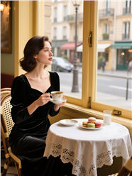 黑色丝绒连衣裙喝咖啡美女图片