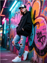 街头涂鸦墙破洞牛仔裤美女图片