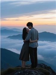 日暮黄昏山顶面对面深情对视情侣图片