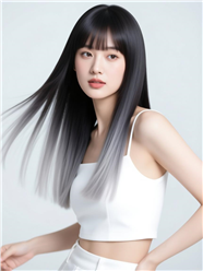 浅灰色渐变柔顺长直发美女图片