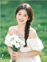 草地上手捧鲜花美女写真图片