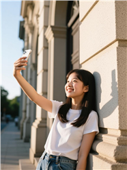 白色T恤美女墙角自拍图片