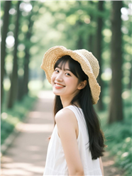 戴着草帽回眸一笑的美女图片