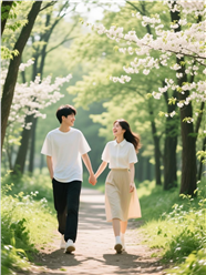 春天林间小路手牵手散步情侣图片