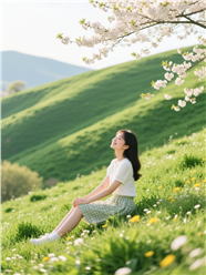 坐在绿色山坡上欣赏美景的美女图片