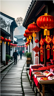 春节清晨老街摄影图片