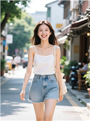 夏日街拍清纯白色吊带短裤美女图片