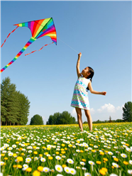 站在花草地上放风筝的女孩图片