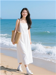 夏日海边白色连衣裙美女写真图片